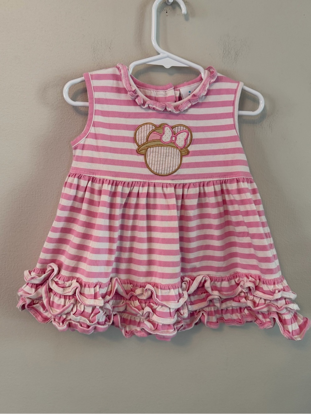 Stitchy Fish Pink & White Striped Ruffle Mickey Top